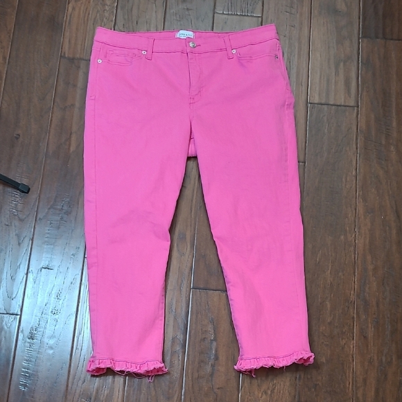 crown & ivy Pants - Crown & Ivy Hot Pink High-Rise Skinny Crop Pants with Ruffled Ankle Detail - 16